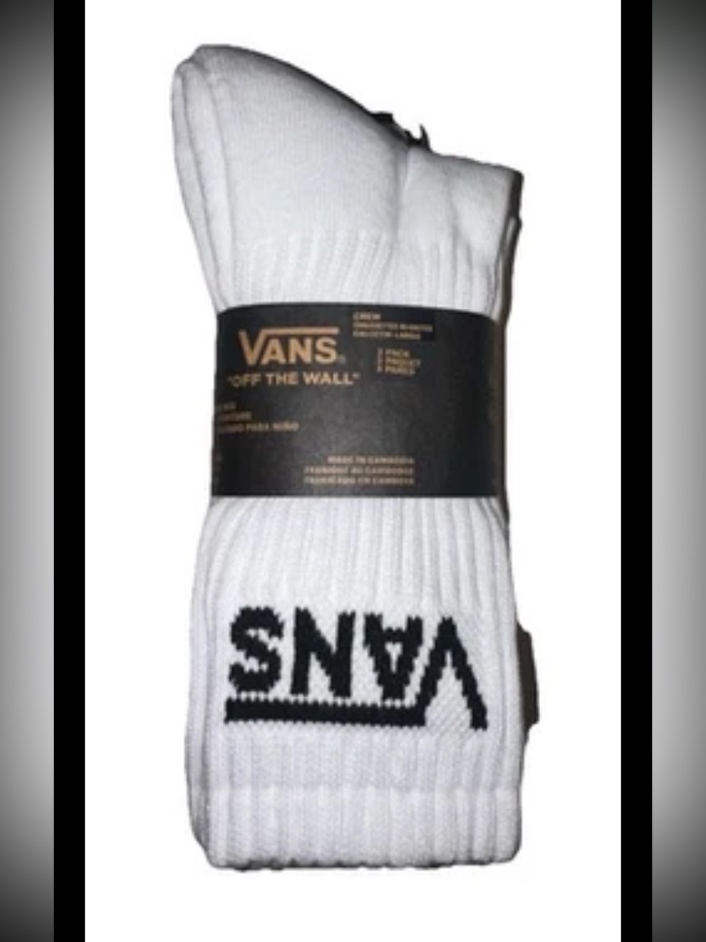 Vans Crew Socks 3 Pair Boys 1-6 White w Black Logo Skate Off The Wall Ride NEW